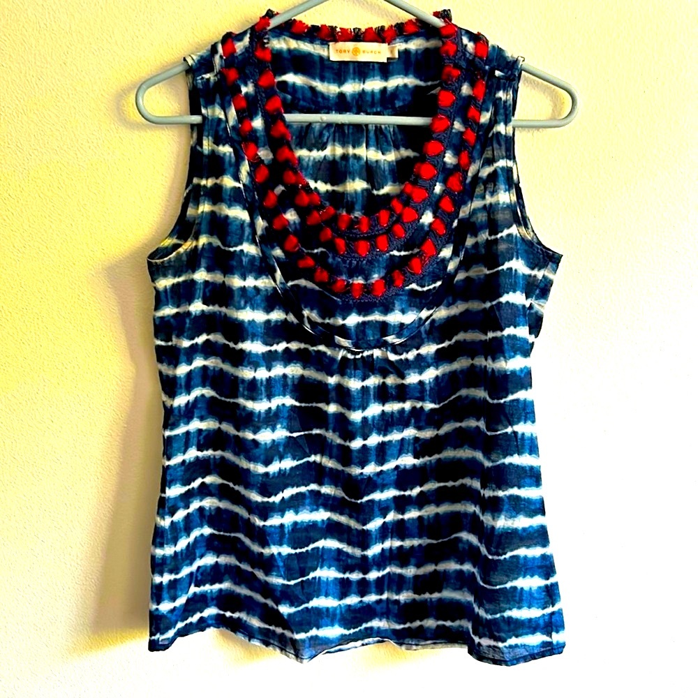 Excellent Condition Tory Burch Navy/Red  Sleeveless Scoop Neck Fringe Cotton..2